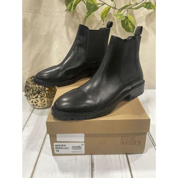 Steve Madden Leopold Chelsea Boots - Black Leather 10M - Picture 2 of 7
